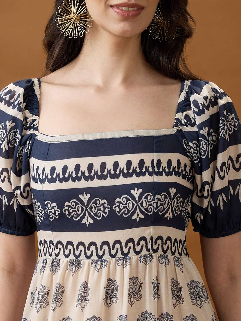 globus women blue square neck puff sleeves ethnic print smocked tiered fit & flare midi dress - 21994551 -  Standard Image - 3