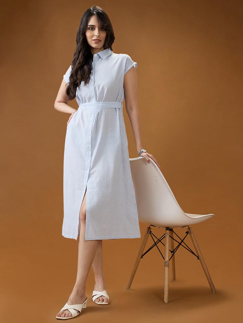 globus women blue collared neck extended sleeves striped midi workwear shirt dress with belt - 21994554 - Zoom Image - 0
