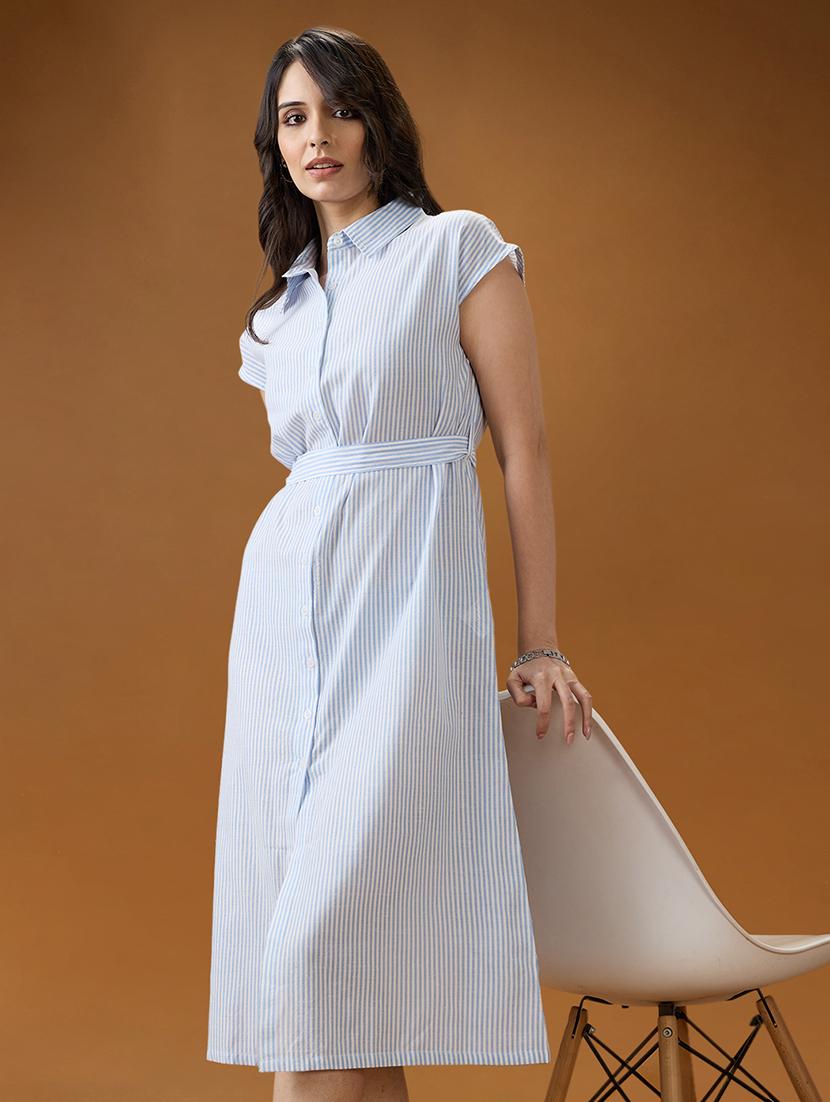 globus women blue collared neck extended sleeves striped midi workwear shirt dress with belt - 21994554 - Standard Image - 3