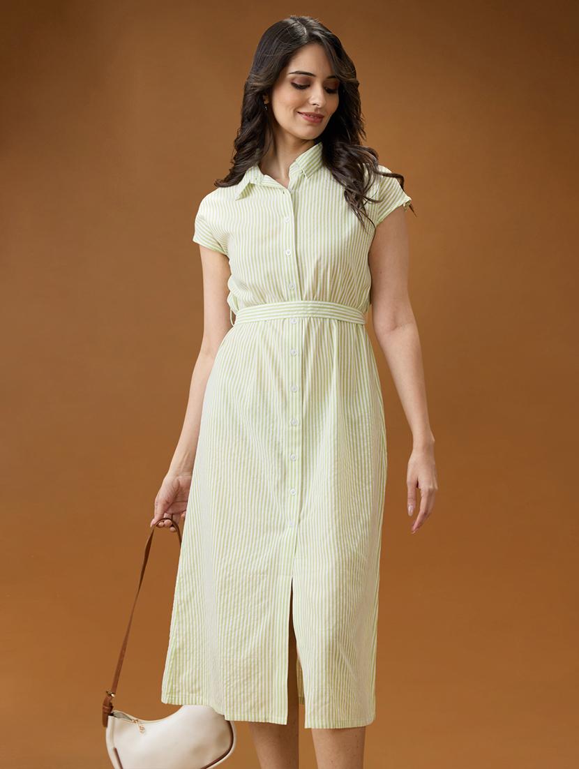 women striped globus women green collared neck extended sleeves striped midi workwear shirt dress with belt belted shirt dress - 21994555 - Standard Image - 3