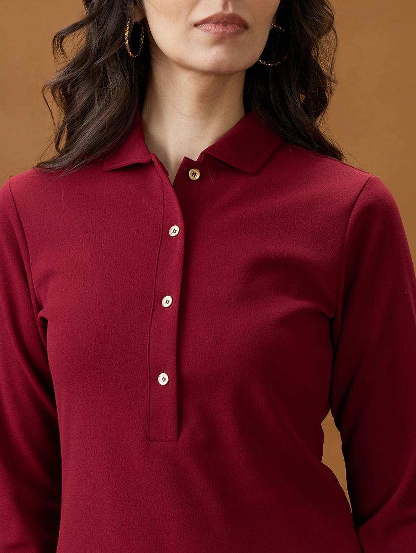 globus women maroon shirt collar long sleeves solid mini bodycon workwear dress - 21994556 - Standard Image - 3