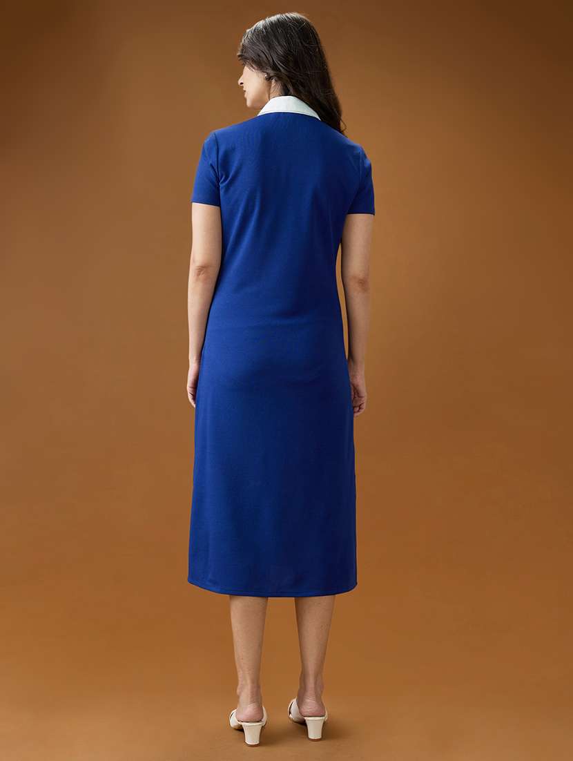 globus women blue collared neck short sleeves solid side slits midi workwear shirt dress - 21994558 -  Standard Image - 3