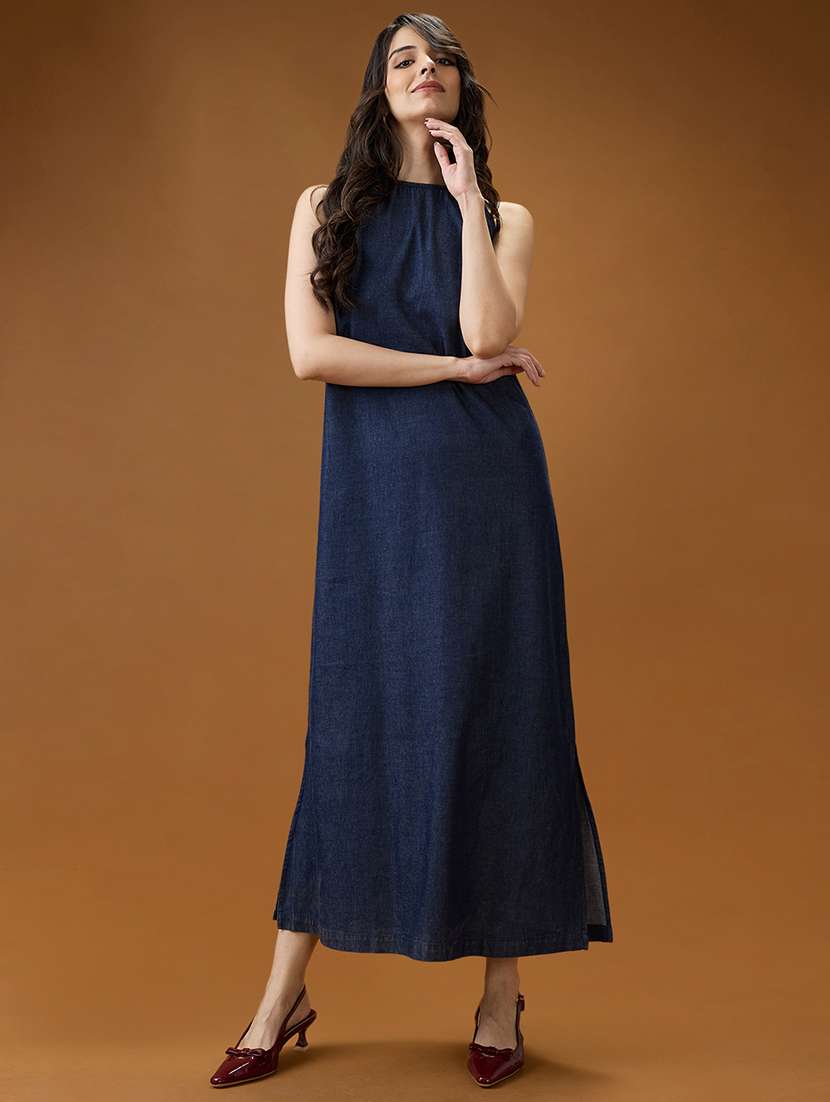 globus women dark blue round neck sleeveless solid a-line maxi dress