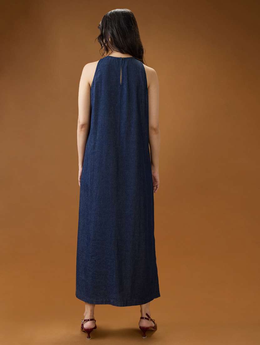 globus women dark blue round neck sleeveless solid a-line maxi dress - 21994559 -  Standard Image - 3