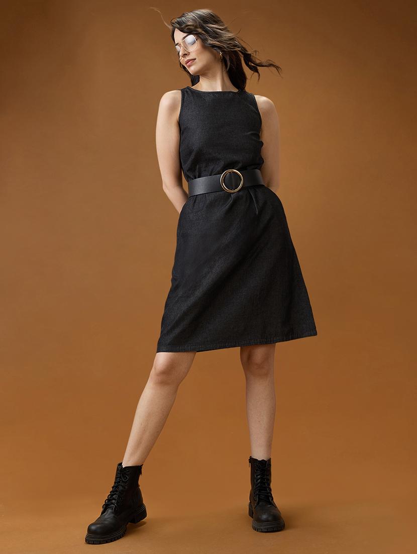 globus women black round neck sleeveless solid knee length a-line dress - 21994560 -  Zoom Image - 0