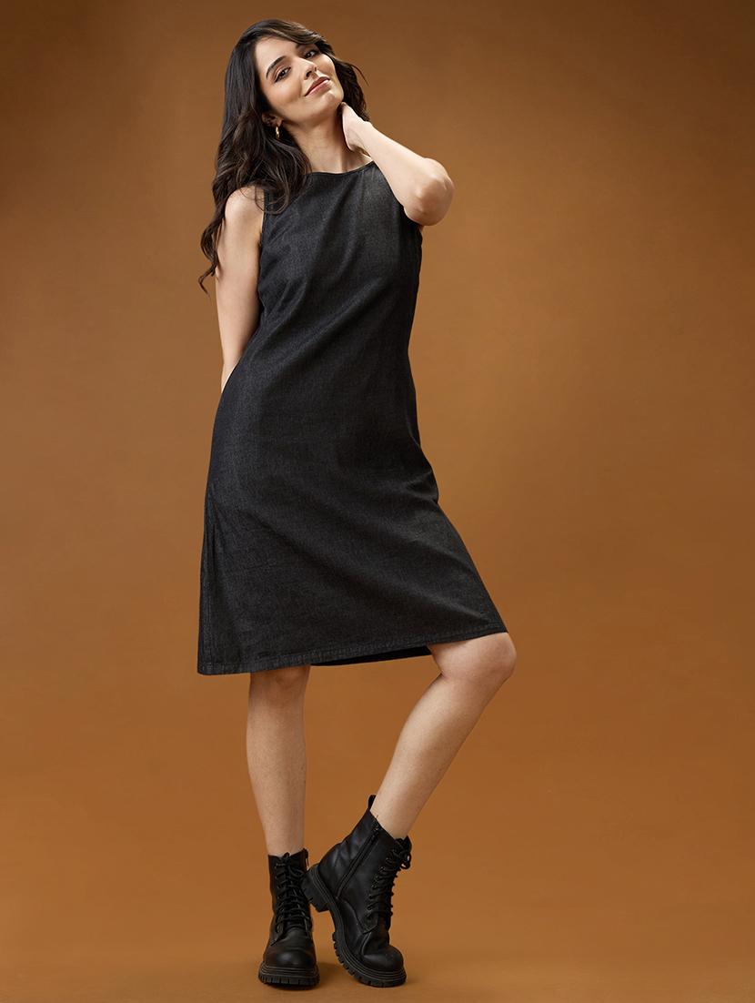 globus women black round neck sleeveless solid knee length a-line dress - 21994560 - Standard Image - 3