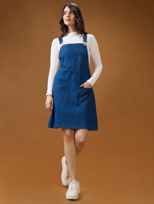 globus women med blue square neck strappy shoulder solid pocket detail above knee dungaree dress - 21994561 - Standard Image - 0