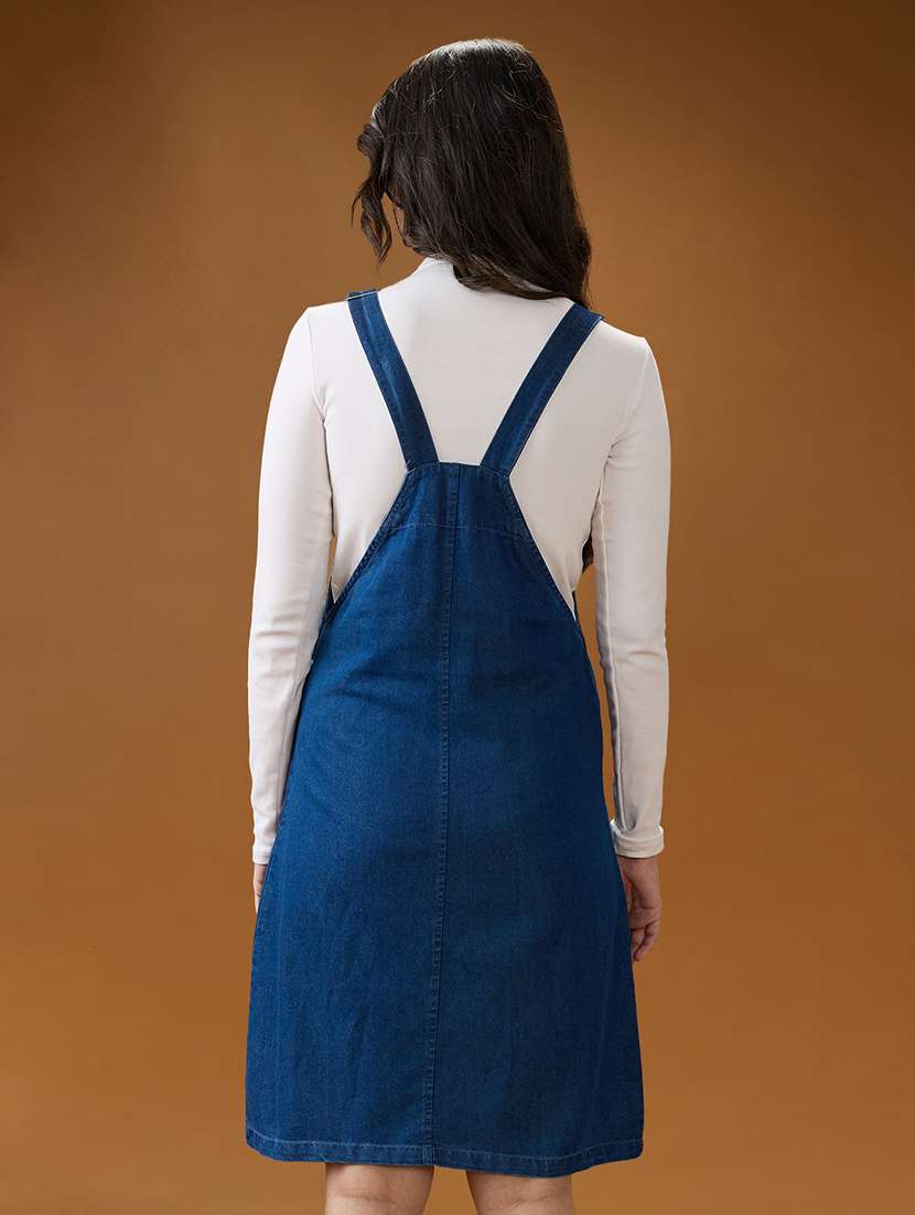 globus women med blue square neck strappy shoulder solid pocket detail above knee dungaree dress - 21994561 - Standard Image - 3