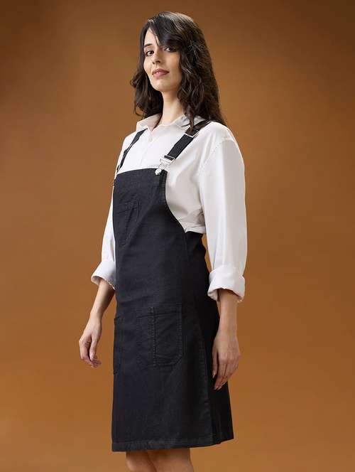 globus women black square neck strappy shoulder solid pocket detail above knee dungaree dress - 21994562 -  Standard Image - 0