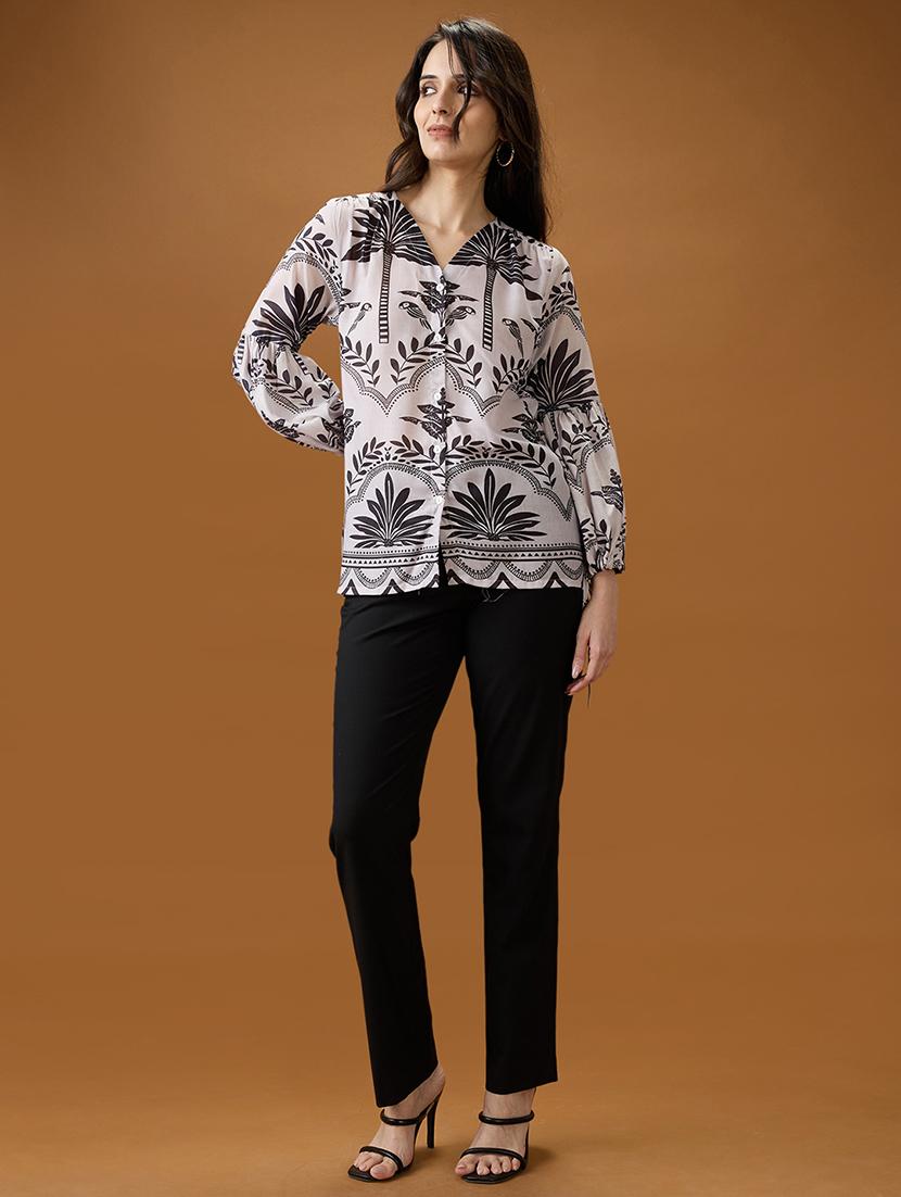 globus women black & white tribal print v-neck bishop sleeves shirt style top - 21994563 - Standard Image - 3