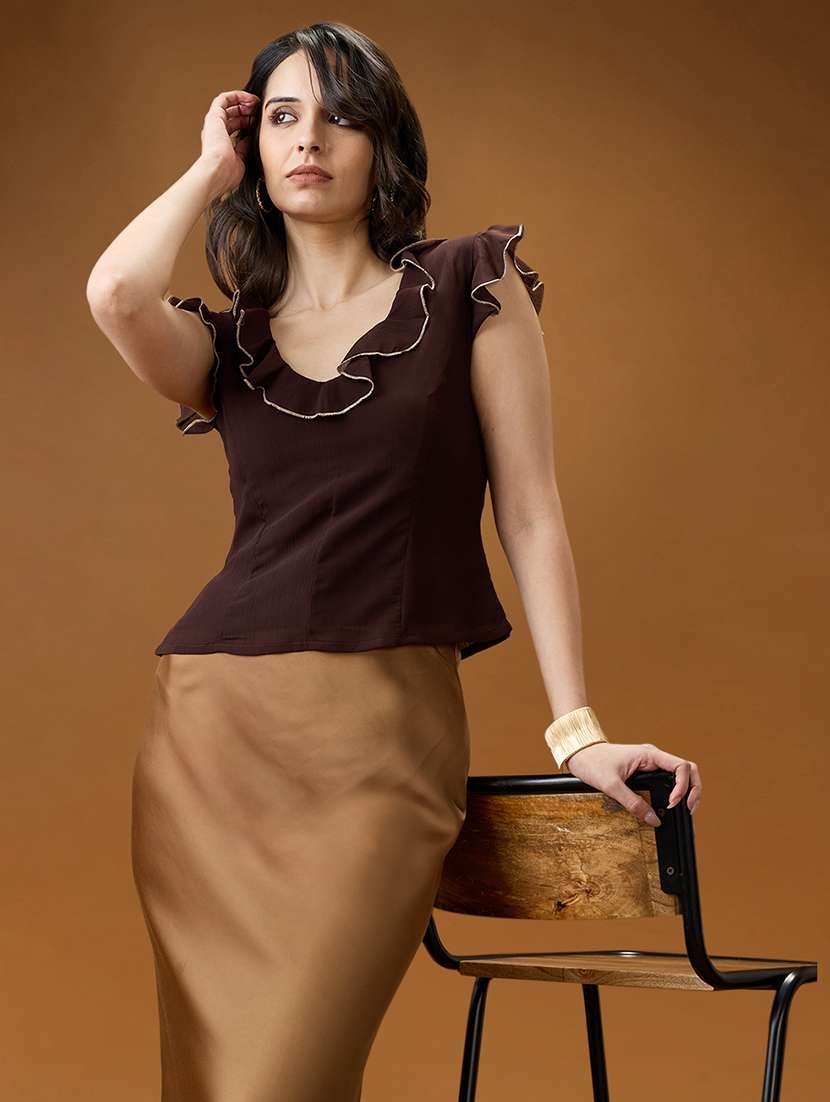 globus women brown flared sleeves v-neck ruffle contrast piping detail chiffon top