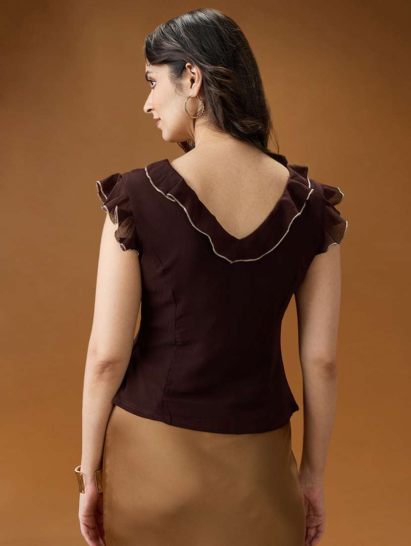 globus women brown flared sleeves v-neck ruffle contrast piping detail chiffon top - 21994564 -  Standard Image - 3