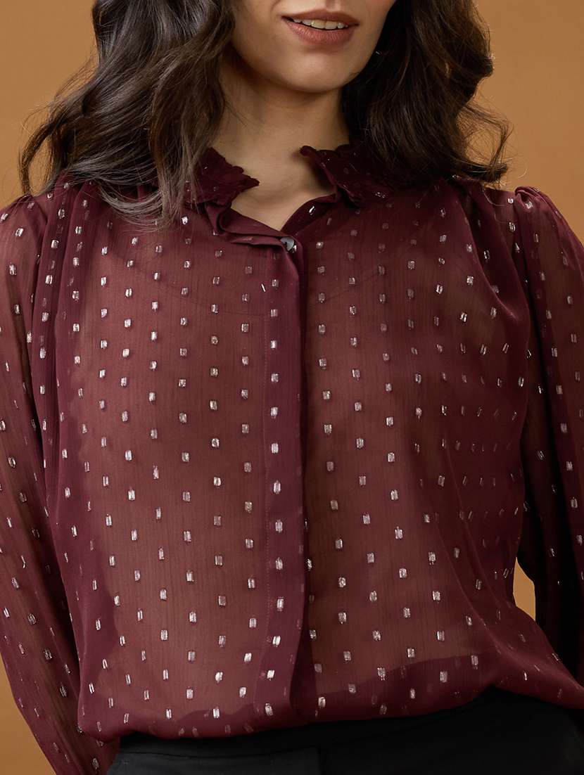 globus women maroon frilled neck bishop sleeves lurex detail georgette shirt style top - 21994565 -  Standard Image - 3