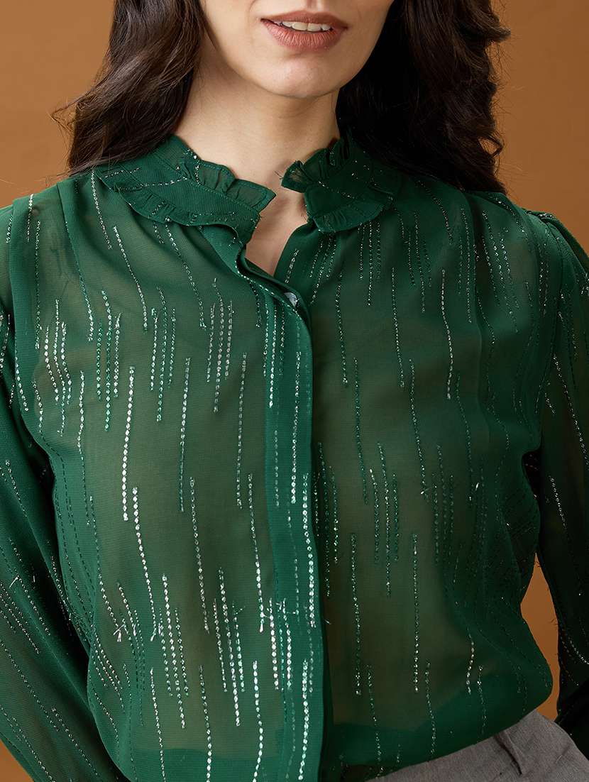 globus women green frilled neck bishop sleeves sequinned detail georgette shirt style top - 21994566 -  Standard Image - 3