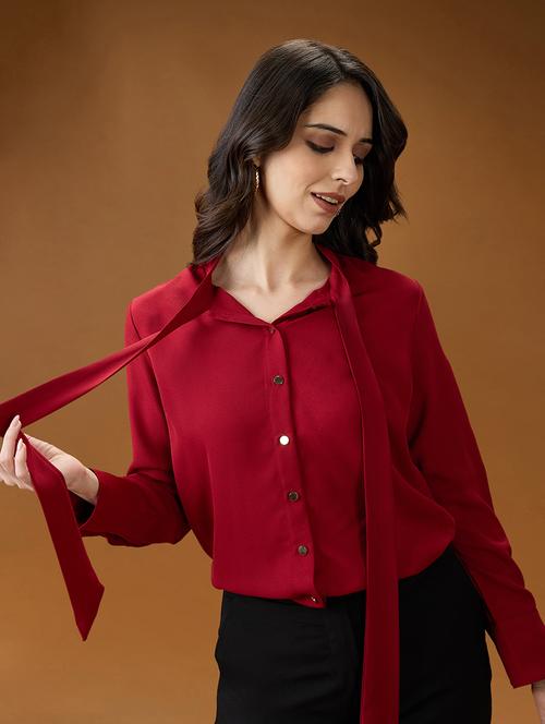 globus women red collared neck tie detail cuff sleeves party shirt - 21994571 -  Standard Image - 0