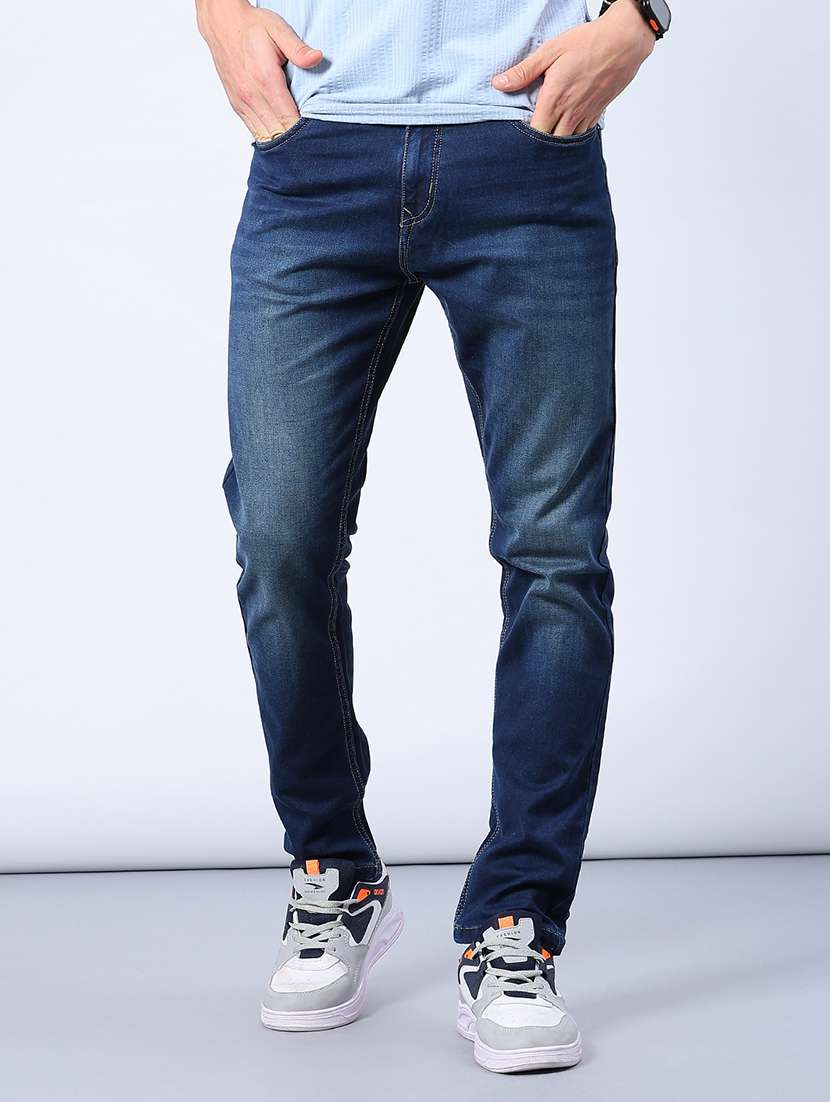 men washed mid rise full length jeans