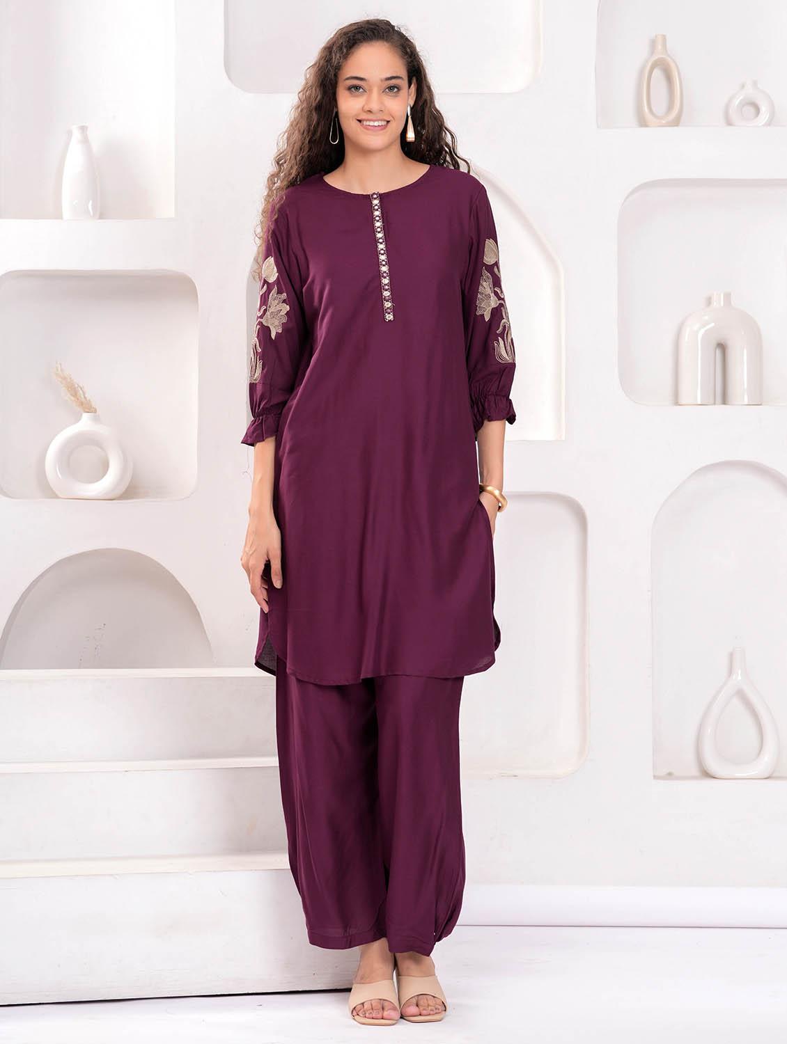 women embroidered kurta and palazzo set