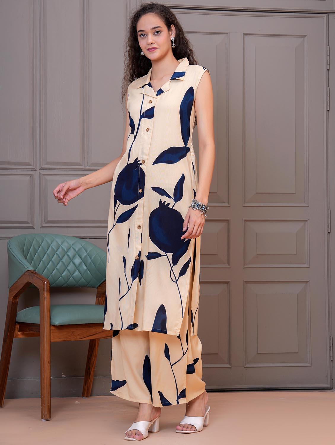 women printed sleeveless kurta and palazzo set - 21995171 - Standard Image - 3