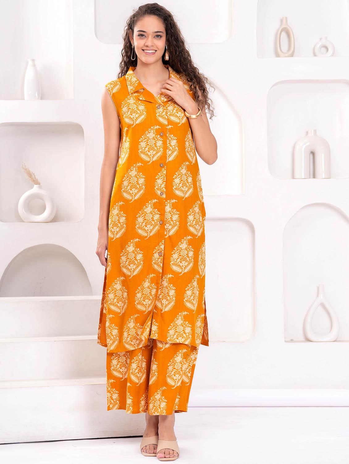 women printed sleeveless kurta and palazzo set