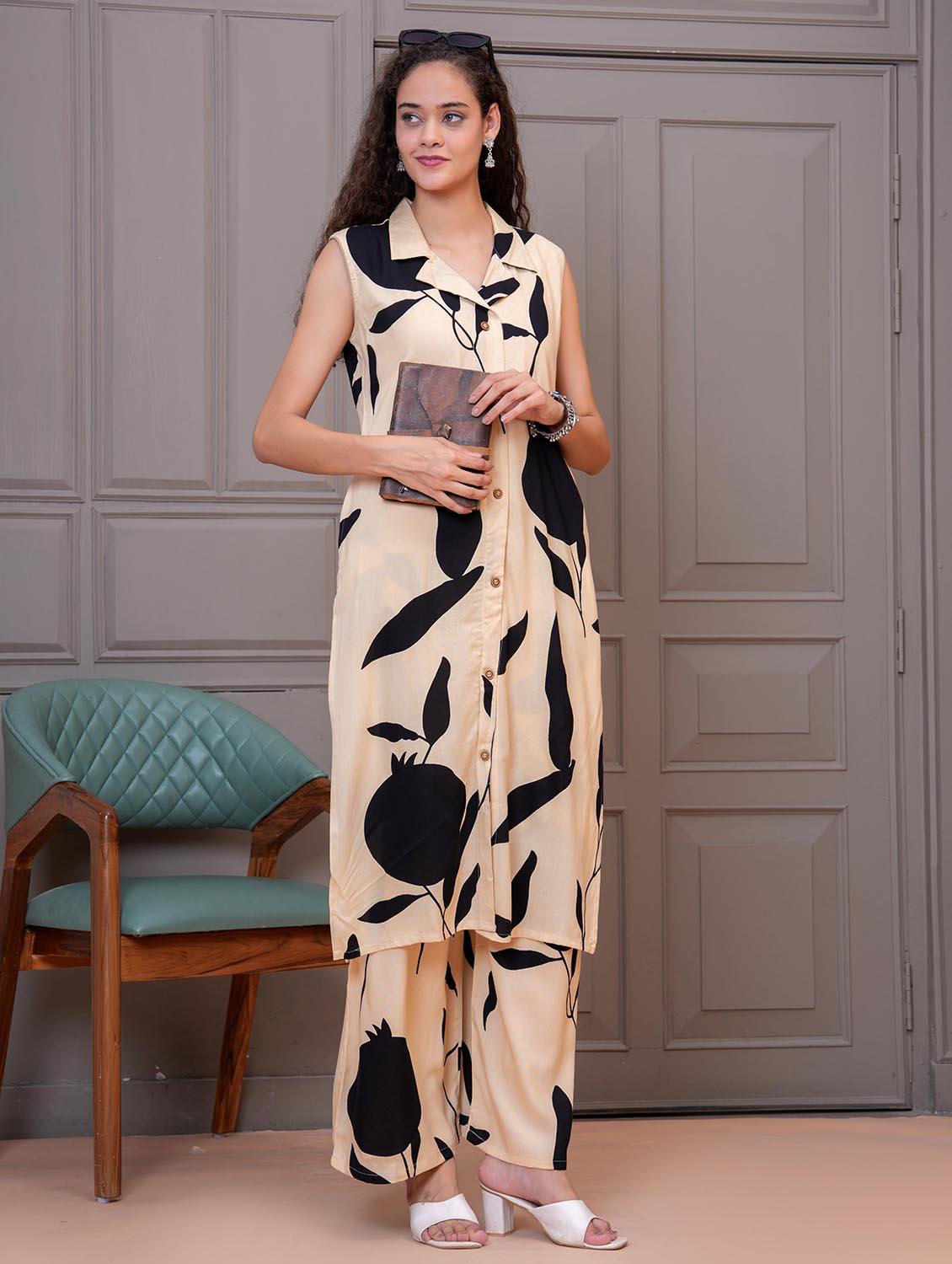 women printed sleeveless kurta and palazzo set
