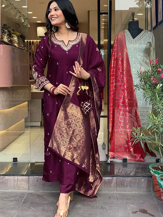 women embroidered kurta and pant with dupatta 