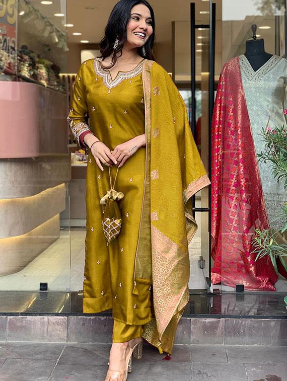 women embroidered kurta and pant with dupatta 