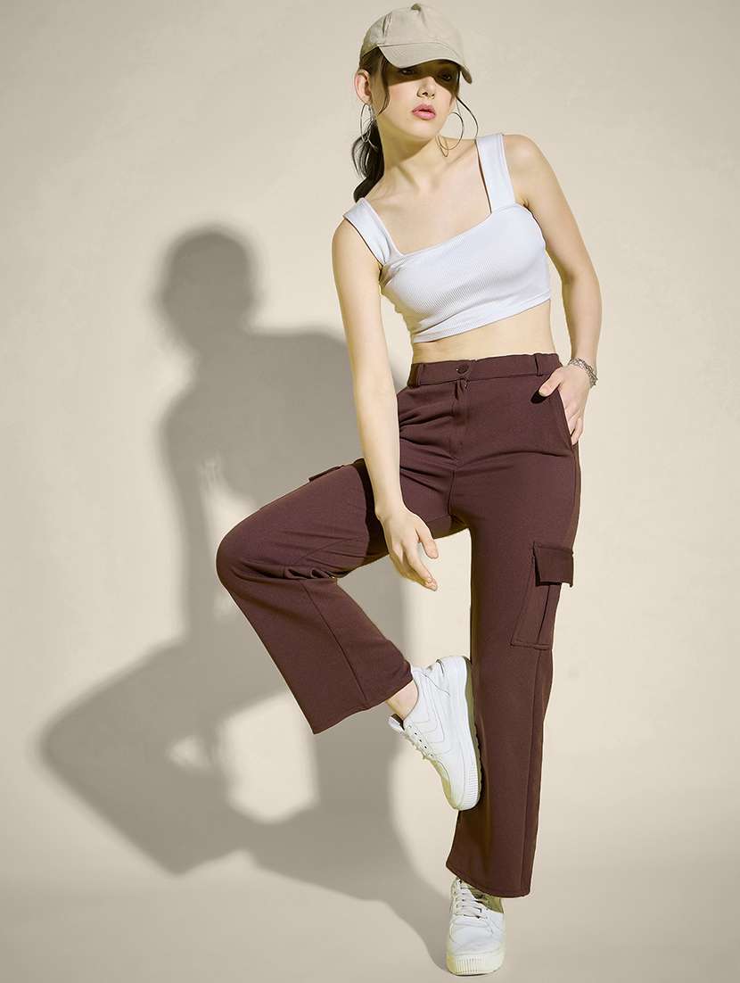 women brown solid high rise cargo - 21995381 - Standard Image - 3