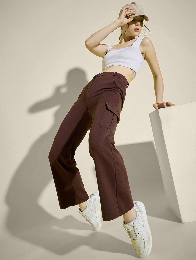 women brown solid high rise cargo - 21995381 - Standard Image - 5