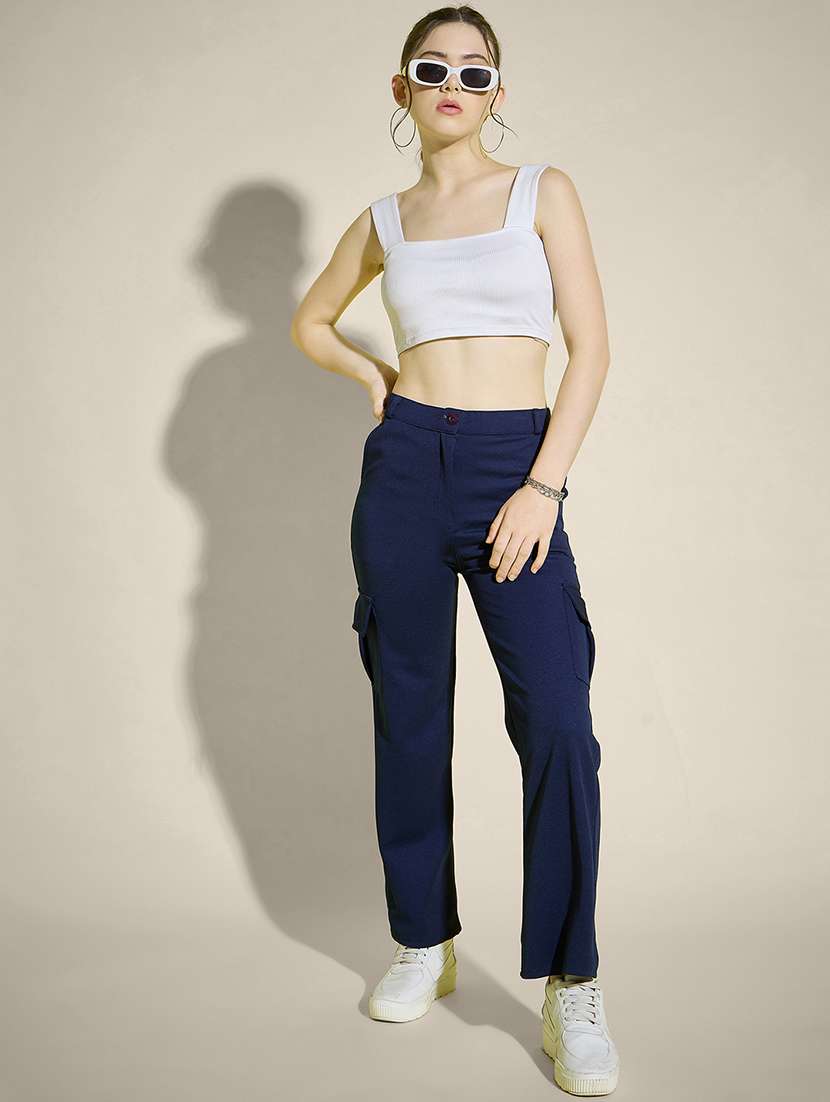 women navy blue solid high rise cargo - 21995383 - Standard Image - 3