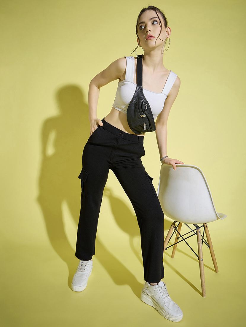 women black solid high rise cargo - 21995798 - Standard Image - 3