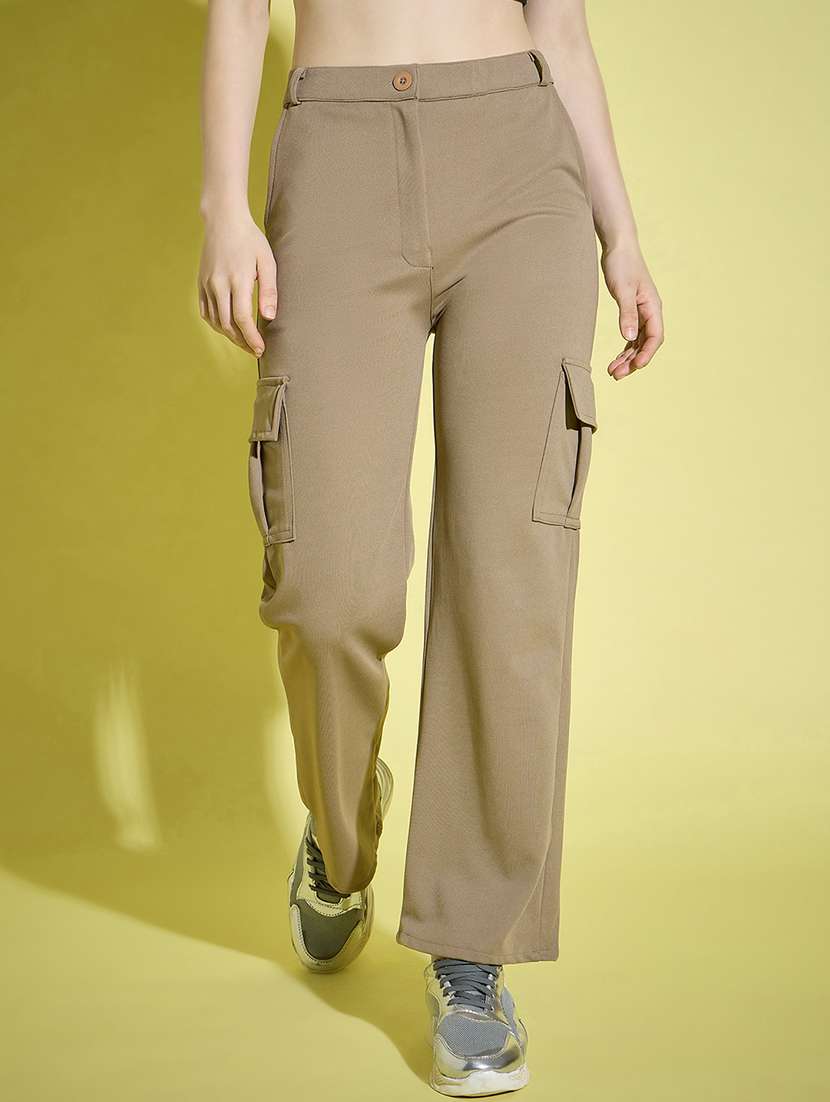 women beige solid high rise cargo