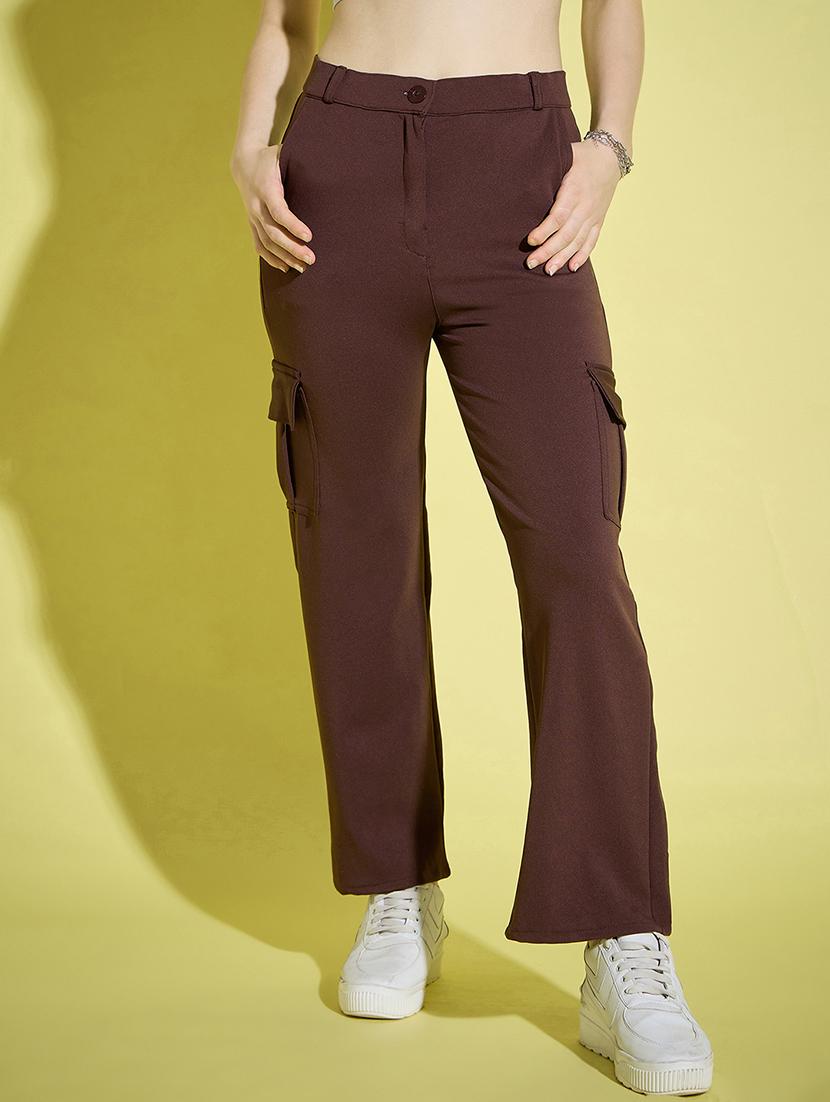women brown solid high rise cargo