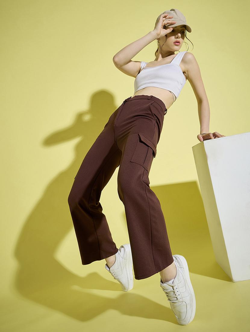 women brown solid high rise cargo - 21995800 - Standard Image - 5