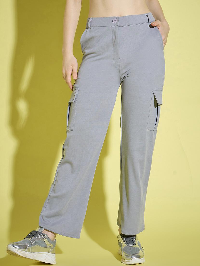 women grey solid high rise cargo