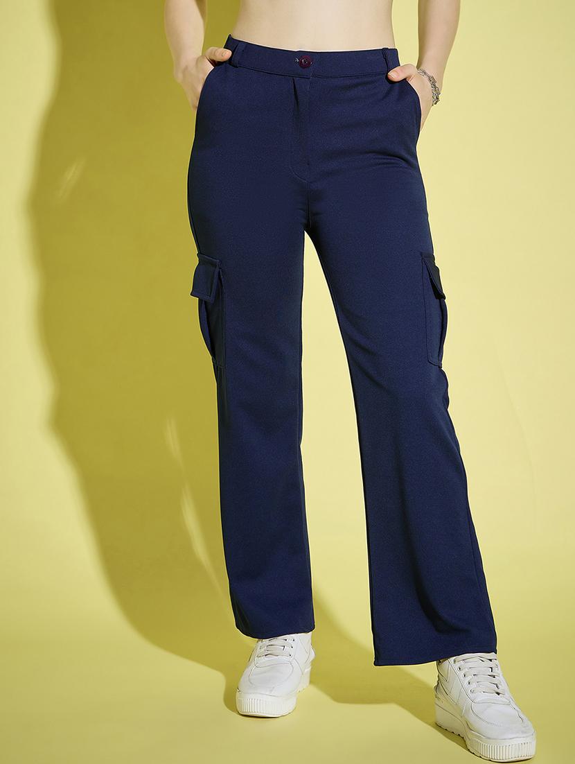 women navy blue solid high rise cargo