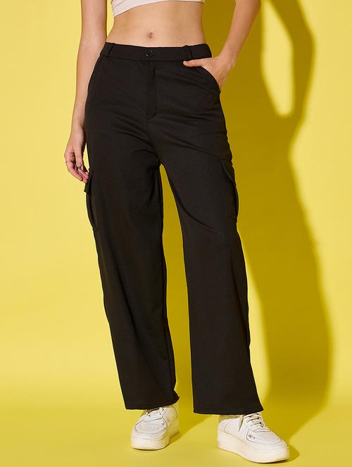 women black solid mid rise cargo - 21995803 - Standard Image - 0