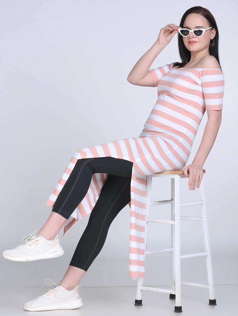 women striped off shoulder straight long top