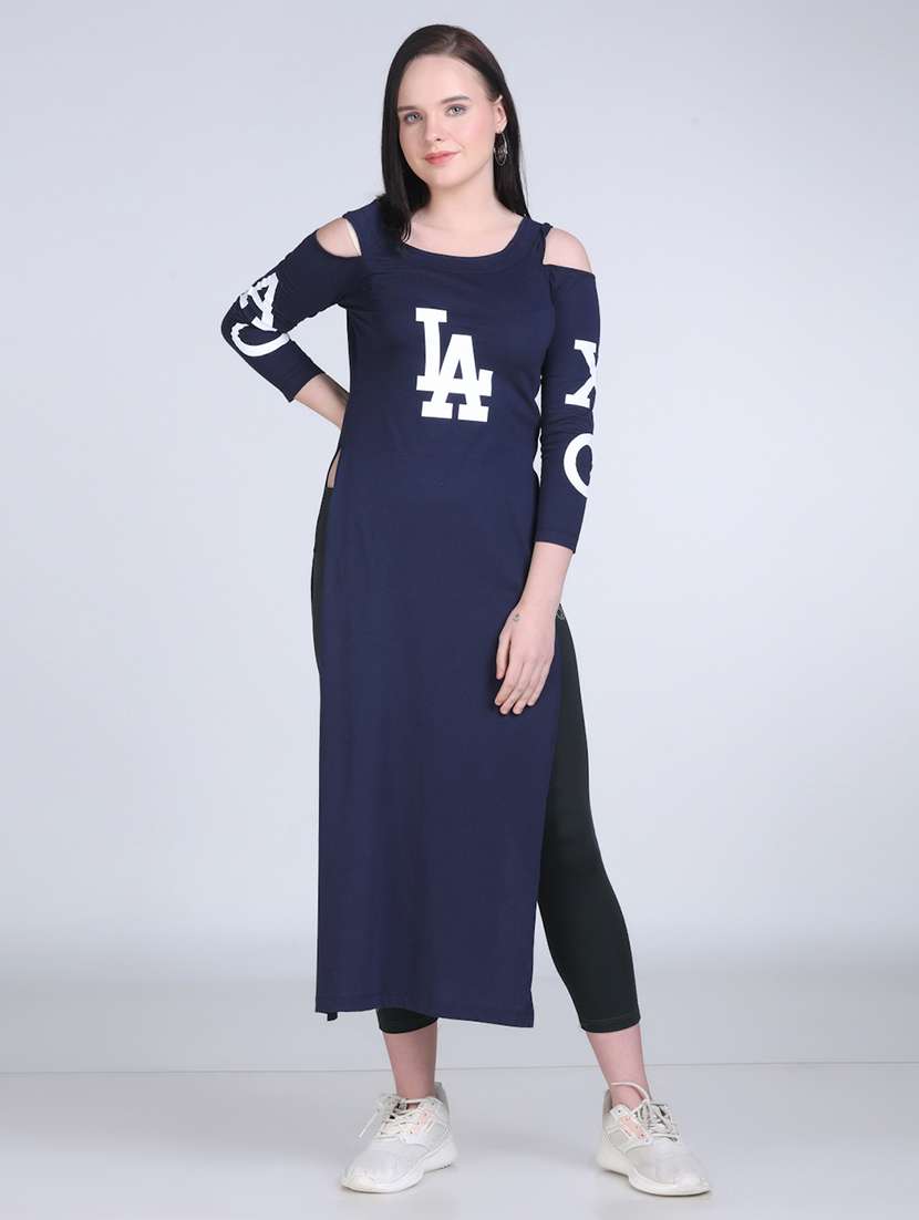 women typographic cold shoulder long top - 21996405 -  Zoom Image - 0