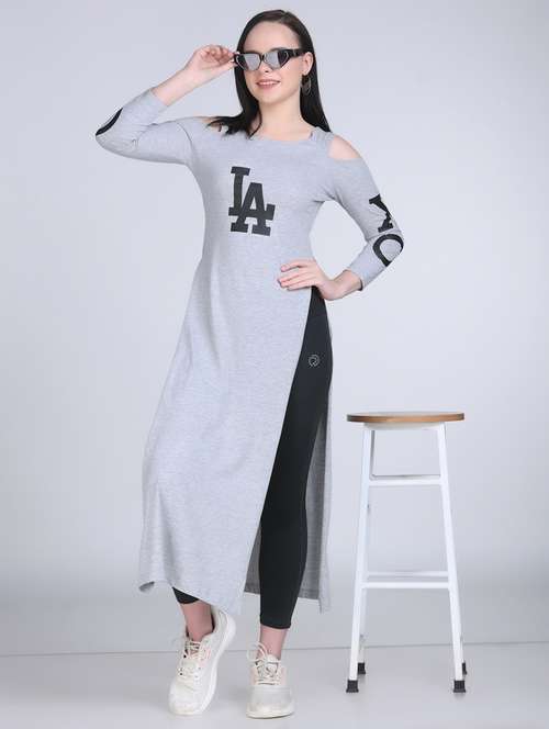 women typographic cold shoulder long top - 21996406 - Standard Image - 0