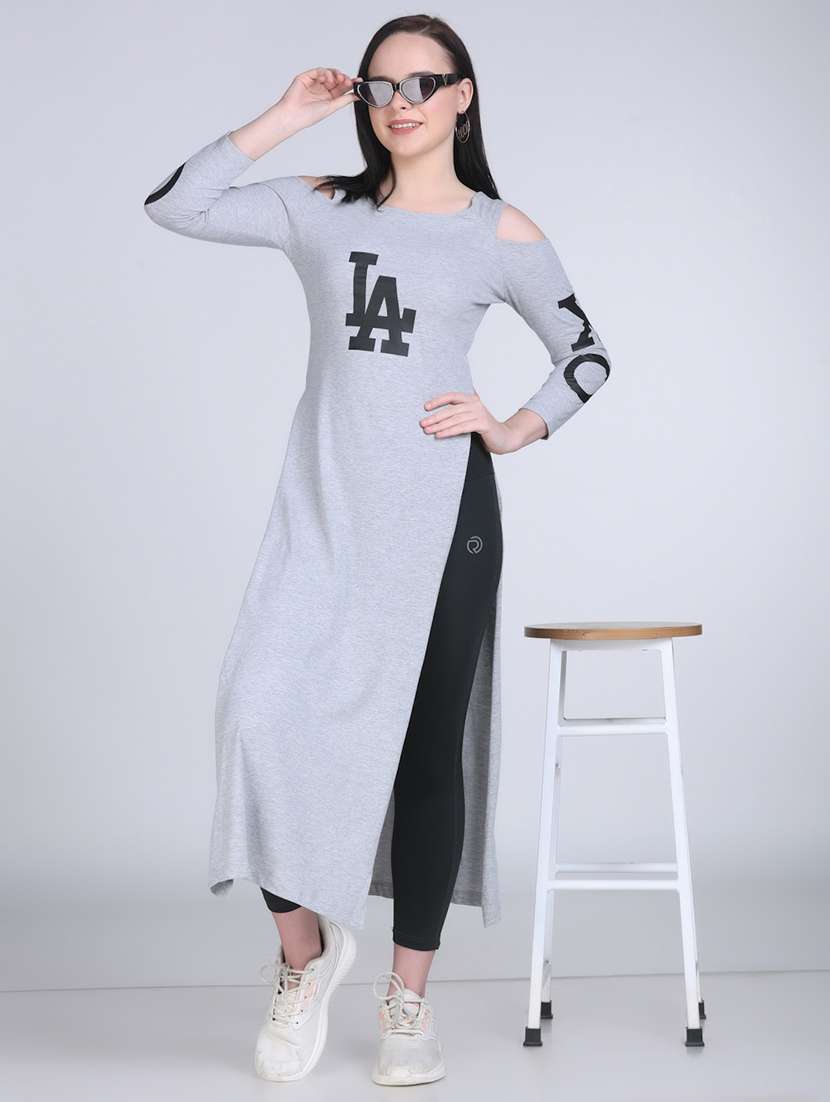 women typographic cold shoulder long top - 21996406 - Zoom Image - 0