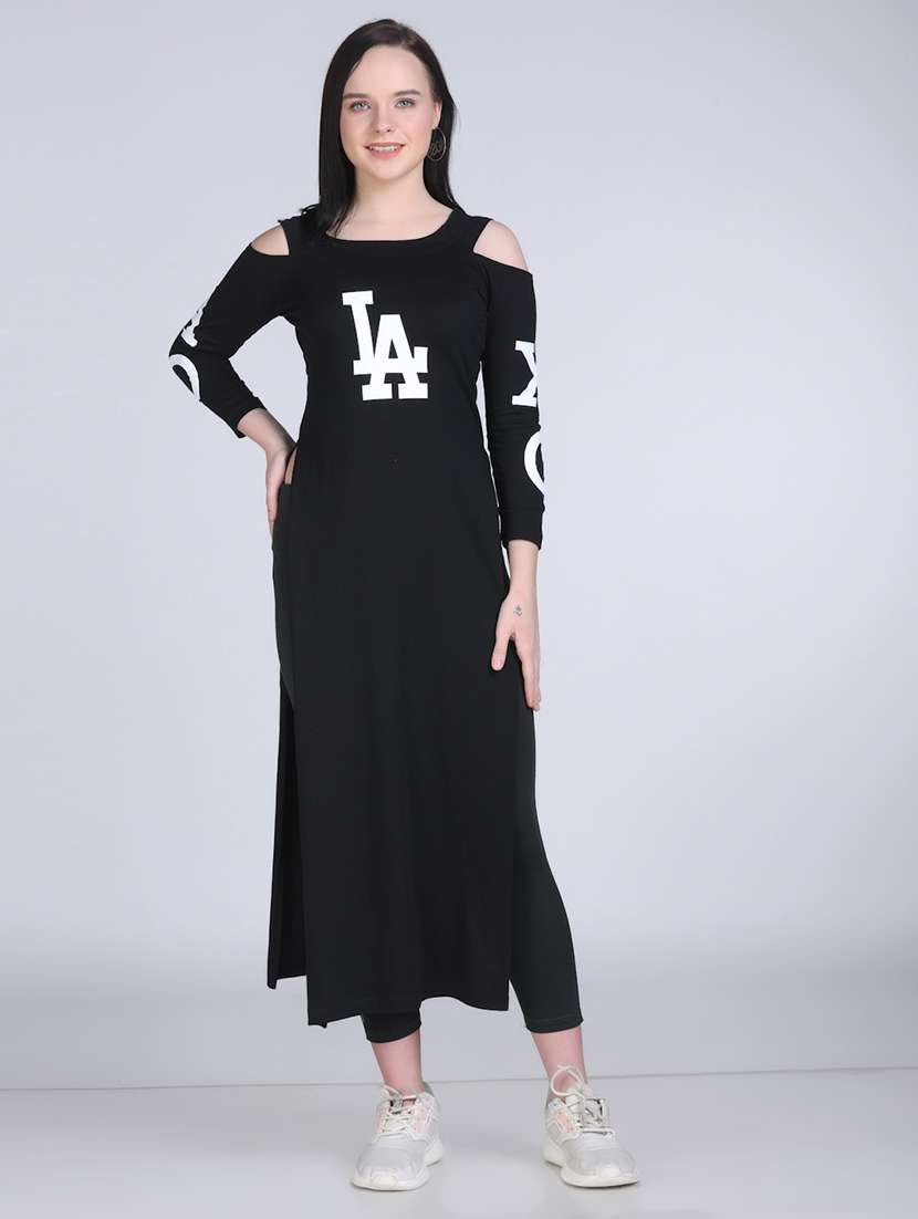 women typographic cold shoulder long top