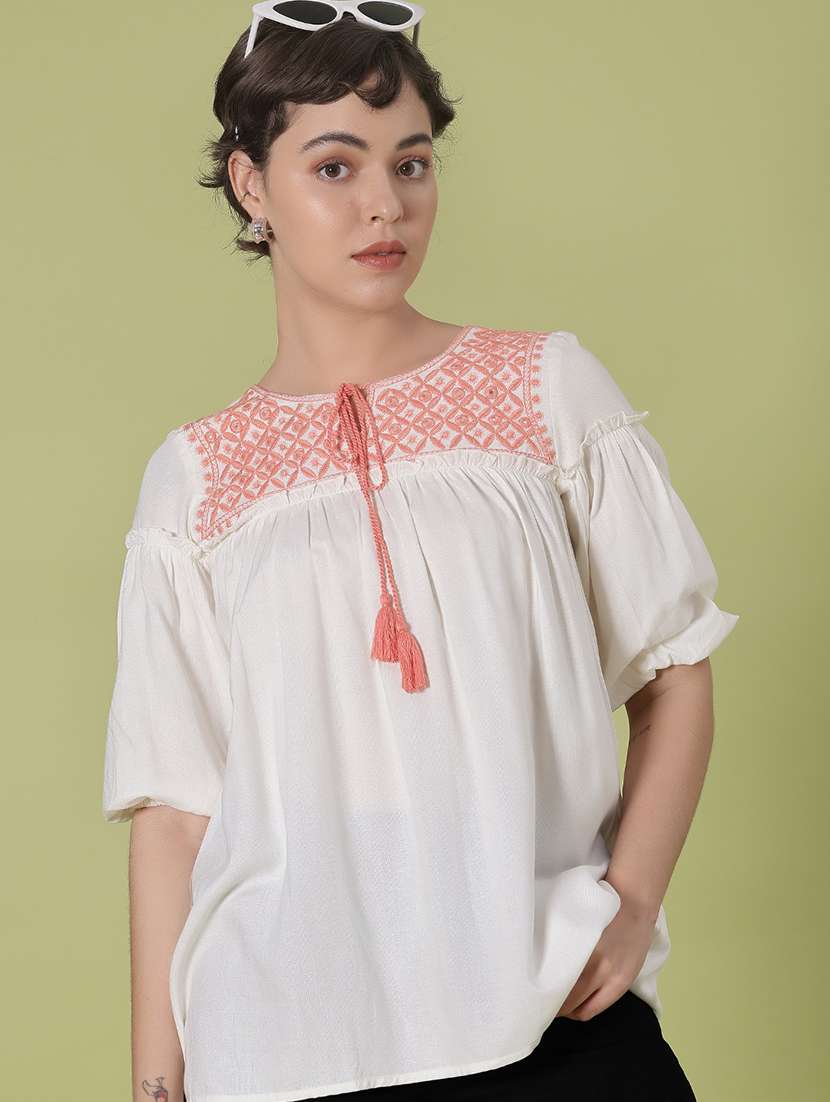 women embroidered three quarter sleeve kurti