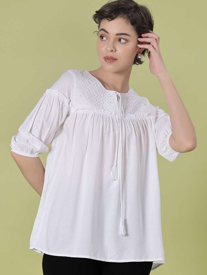 women embroidered three quarter sleeve kurti