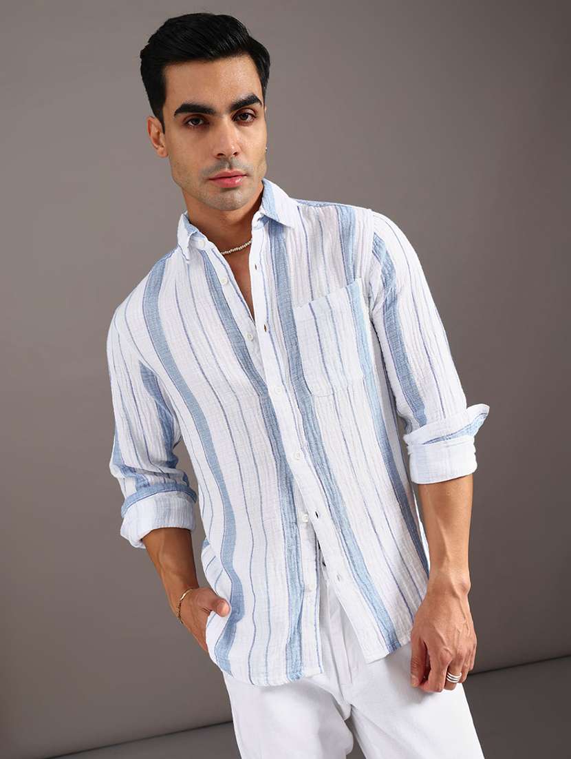 men striped long sleeve regular fit casual shirt
