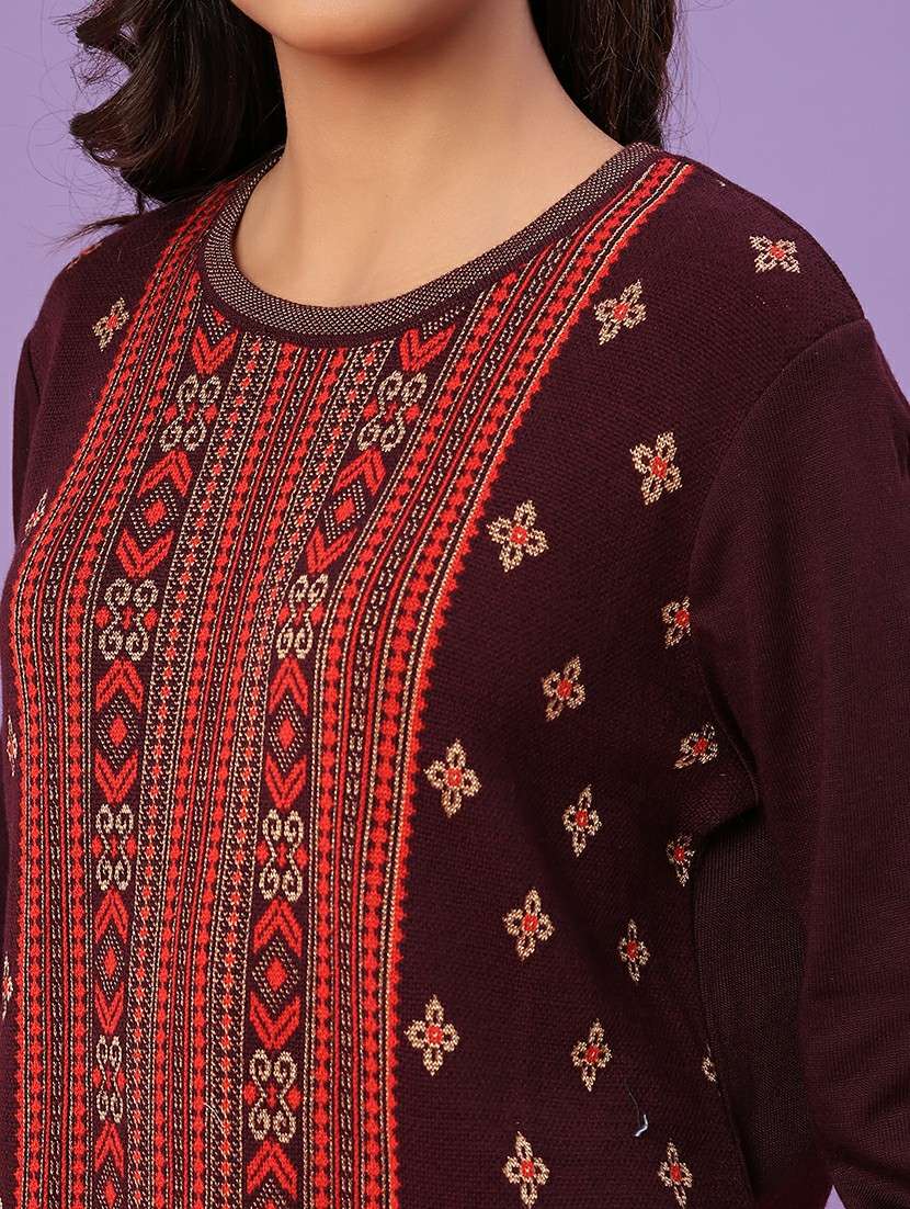 women self design long sleeve straight woolen kurta - 21996615 -  Standard Image - 5