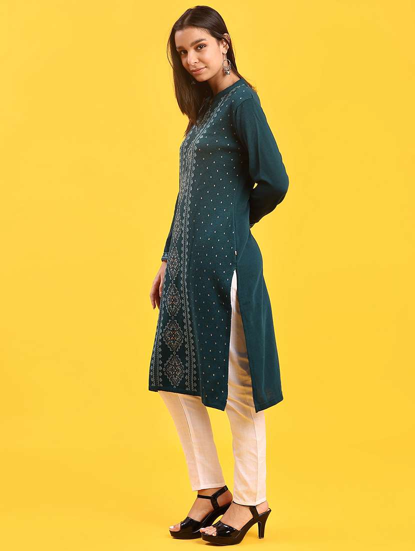 women self designed long sleeve straight woolen kurta - 21996616 -  Standard Image - 3