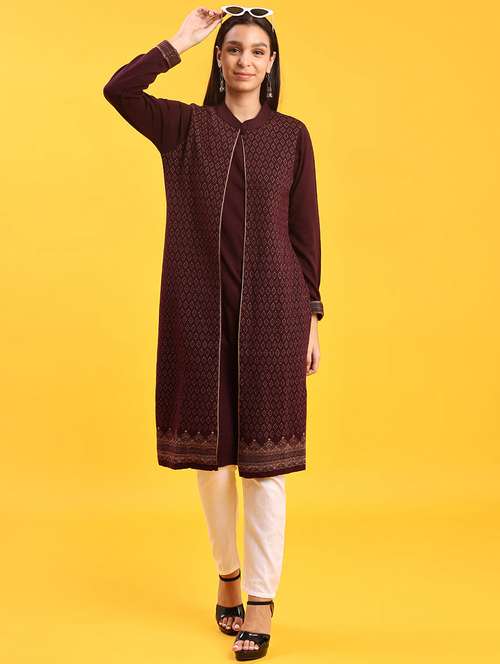 women self designed long sleeve straight woolen kurta - 21996677 -  Standard Image - 0