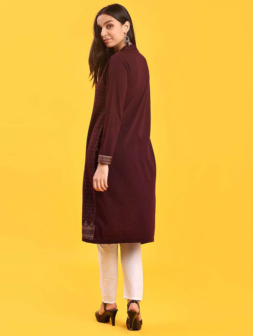 women self designed long sleeve straight woolen kurta - 21996677 -  Standard Image - 3