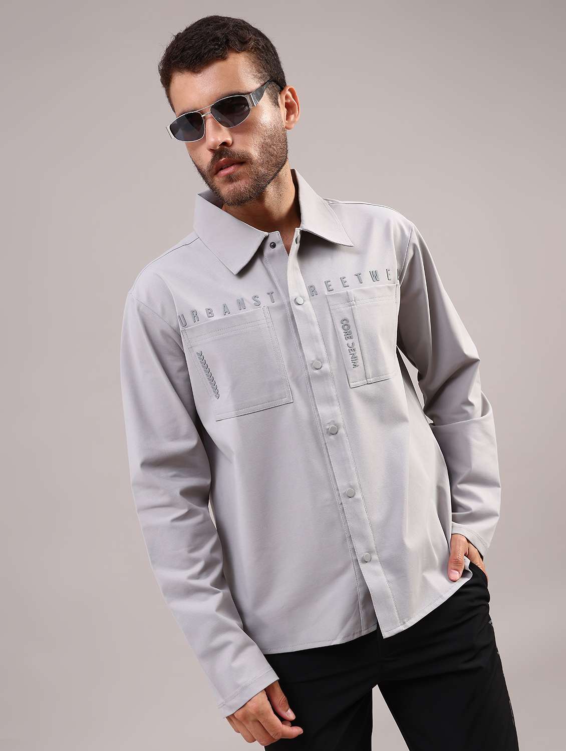 men solid collared long sleeve shirt