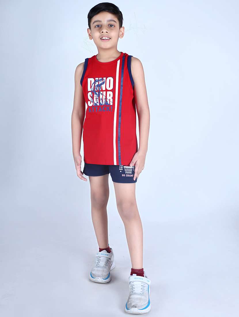 boys red printed sleeveless vest